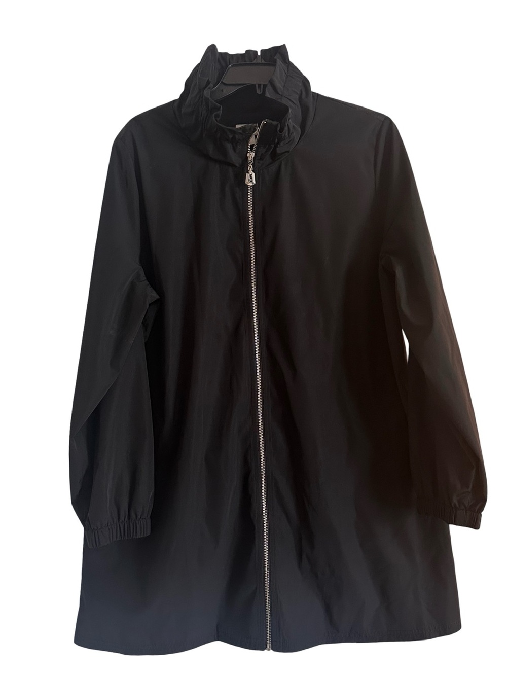 Chico's Black Zip-Front Lightweight Water Resistant Ruffled Collar Trench Coat
